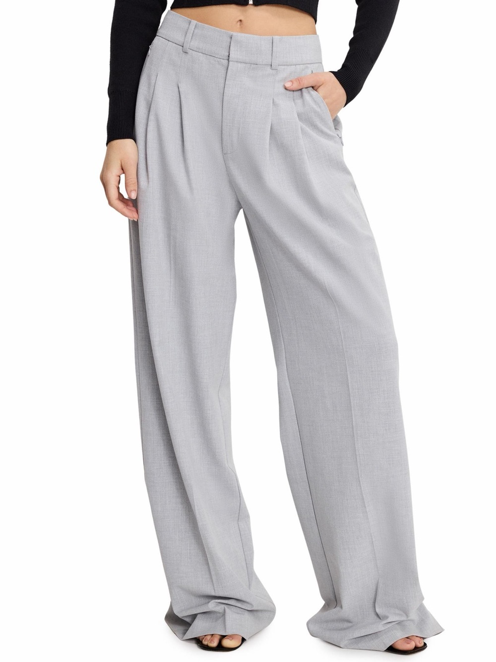 NWT Good American Heather Grey Pleated Wide Leg Trouser Pants Size 14/32 ✨